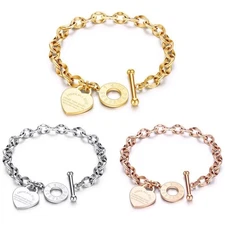 Gold Silver Stainless Steel Heart Charm Link Chain Flower Toggle Bracelet 7" AC