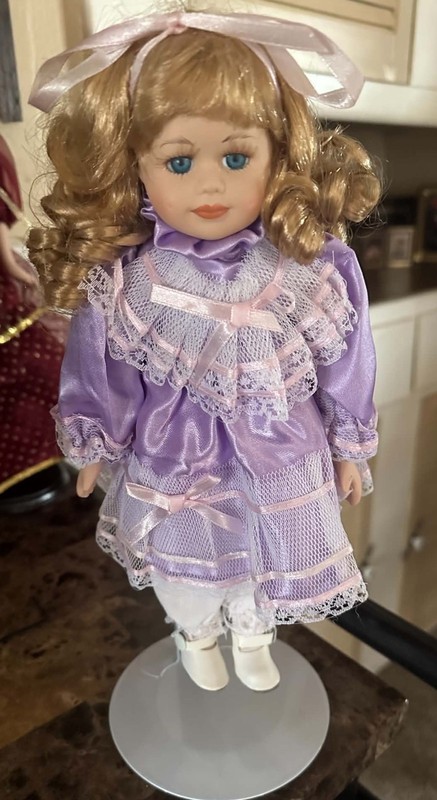 Porcelain Dolls 12" with Expandable Stand Blonde with Purple Dress
