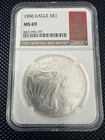 1996 American Eagle NGC MS-69 Liberty Red Book Bullion-0.999 Silver 1 Oz Coin