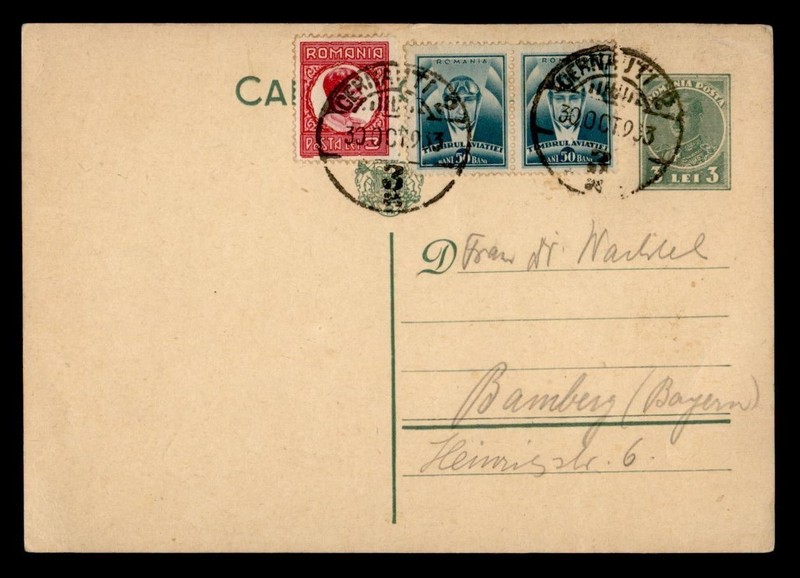 DR WHO 1933 ROMANIA UPRATED POSTAL CARD CERNAUTI TO GERMANY R81532