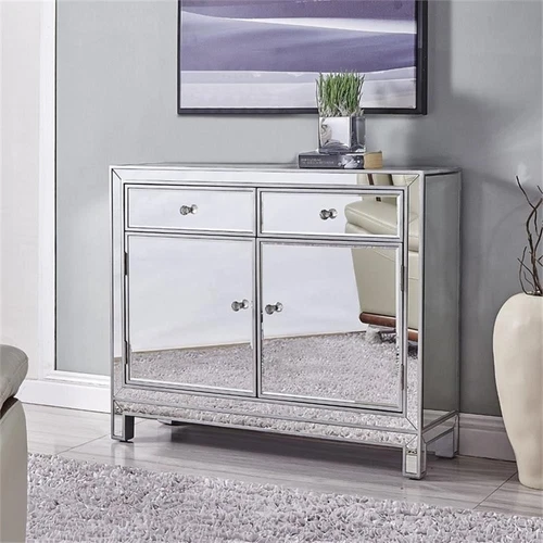 Elegant Decor Reflexion 2 Door Mirrored Nightstand in Antique Silver - Picture 2 of 12