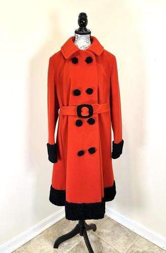 VTG 60s Red Wool Princess Coat Sz *M/L Double Breasted Persian Lamb Trim w/ Belt