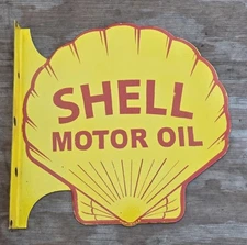 LARGE VINTAGE YELLOW SHELL GASOLINE  DOUBLE-SIDED  PORCELAIN FLANGE SIGN 17".