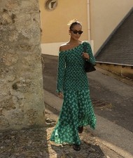 Rhode LETTIE Green Long Sleeve Off The Shoulder Smock Bodice Maxi Dress Small