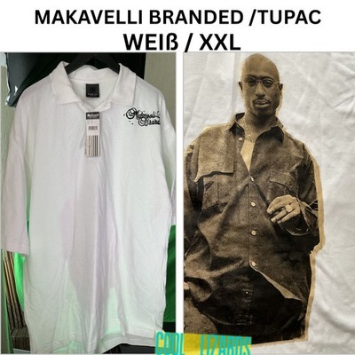 MAKAVELI Branded 2Pac Tupac Poloshirt Weiß XXL Vintage Y2K Hip Hop Backprint Pol