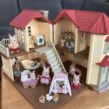 Calico Critters light up red roof House, Rabits, Furniture Accessories Lot Set