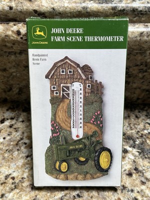 John Deere Resin Handpainted Thermometer Farm Scene Tractor Green Home Decor NEW