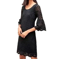 Garnet Hill Lace Dress Womens 4 Bell Sleeve Party Preppy Lined Black Staple Lacy