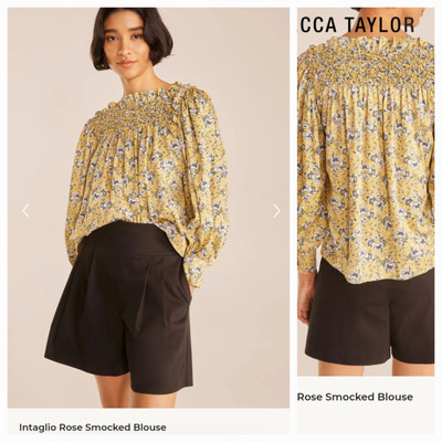 Rebecca Taylor Intaglio Rose smocked blouse yellow long sleeve Large NWT Cottage