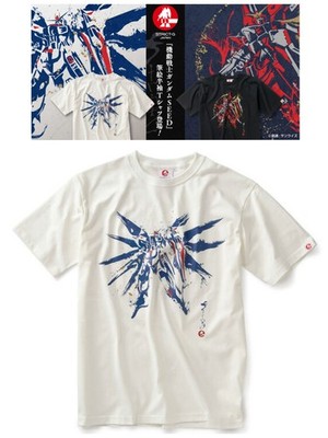 STRICT-G JAPAN T-shirt with brush-painted Freedom Gundam pattern