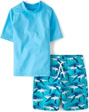 The Children's Place Boys' Short Sleeve Rashguard and Swim Trunk, 2-piece Set