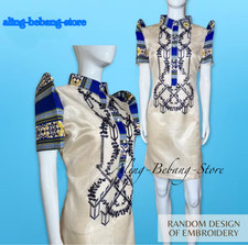 Modern Filipiniana Dress Ethnic Design Random Embroidery Mestiza Sleeve BLUE