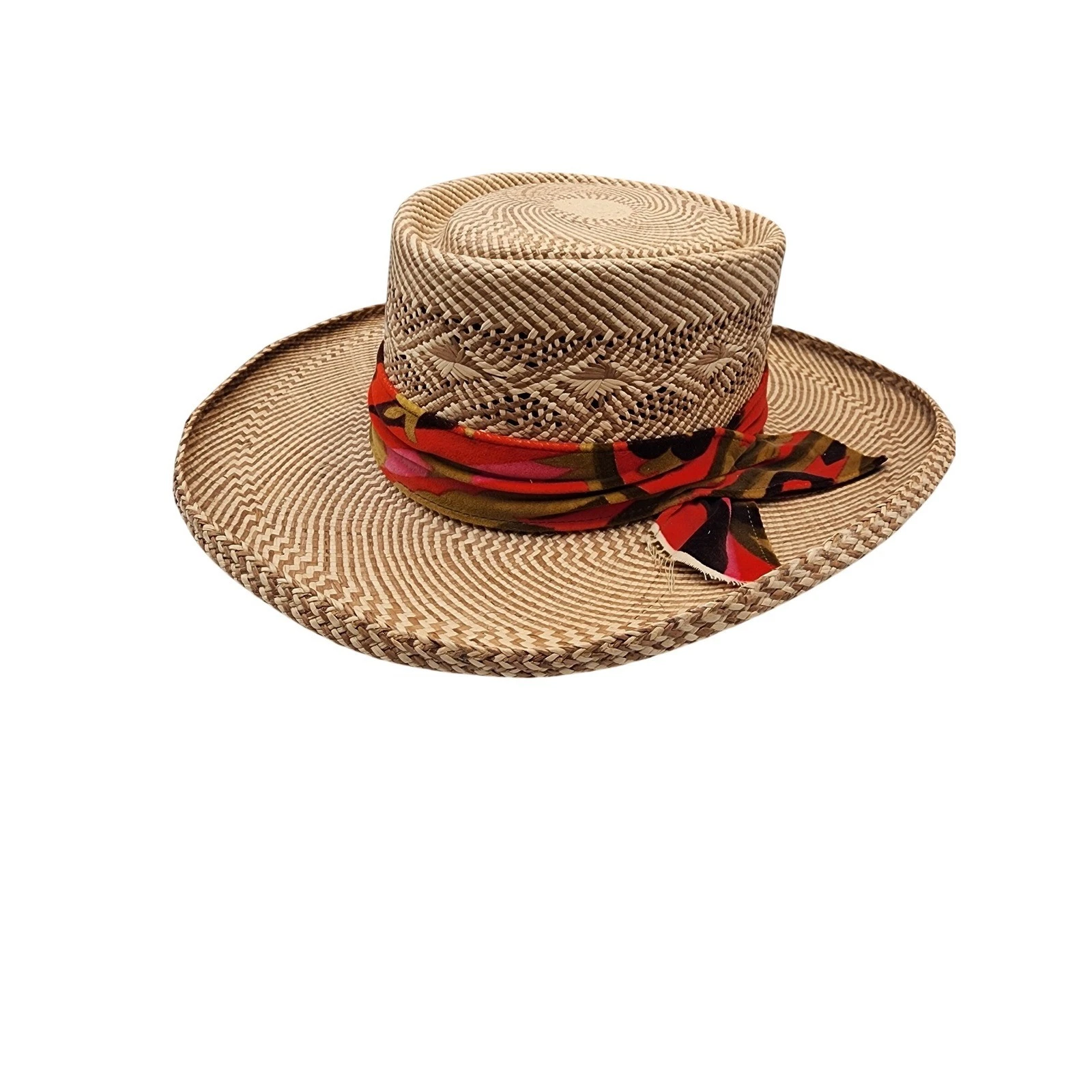 Tardan Mens Straw Wide Brim Sun Hat Brown Chevron Weave Size 58 Made in Mexico