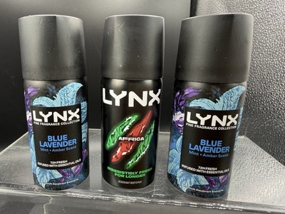 Luchs Afrika blau Lavendel Deodorant Körperspray Reise Fitness Mini Dosen Flaschen X3