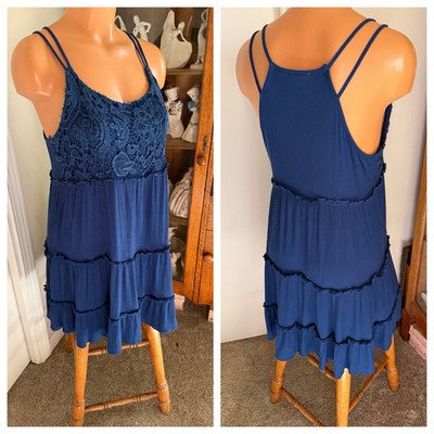 MINE SAPPHIRE BLUE GAUZY RAYON W/ CROCHET LACE TIERED RUFFLE STRAPPY DRESS SZ L