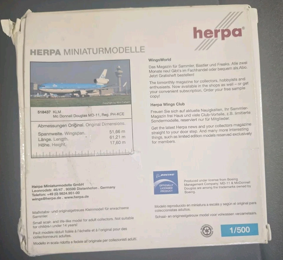 Herpa KLM Royal Dutch Airlines MD-11 1:500 Scale NEW SEALED Collectible - Image 2 of 4