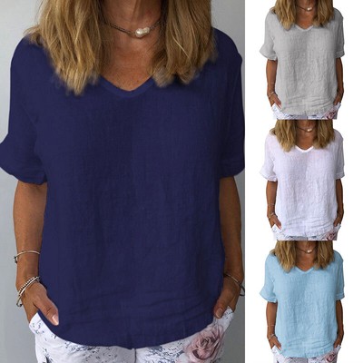 Womens Short Sleeve Blouse T-shirts Cotton Linen Loose Tunic Tops Tee Plus Size