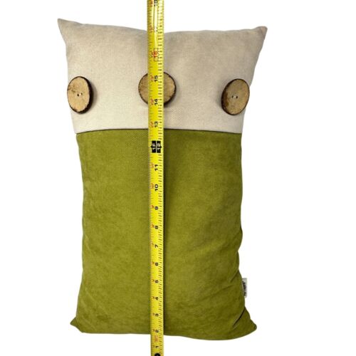 Pier 1 Lumbar Pillow Green Beige Large Wooden Button Decorative Throw 17 x 8 - Picture 7 of 8