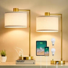 Table Lamp for Bedroom Set of 2 with USB C+A Ports, Fully Stepless Dimmable Beds