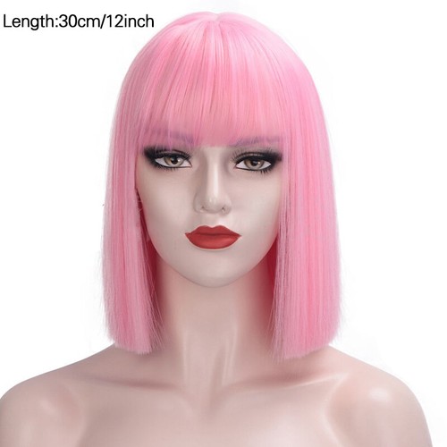 Natürliche kurze Bobperücken rosa gerade Echthaarperücke mit Pony Frauen täglich UK - Bild 6 von 6