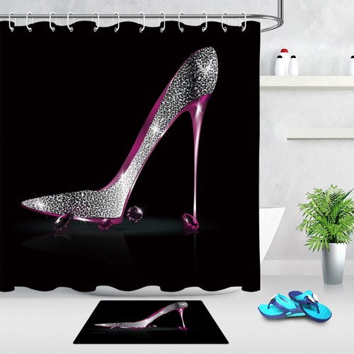 Black Background Silver High Heel Shoe Diamond Shower Curtain Set Bathroom Decor - Afbeelding 1 van 18