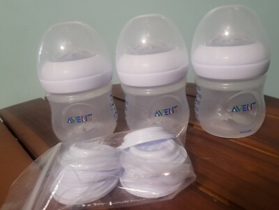 3 Set Of Phillips Avent 4oz Bottles W/Set Of 7 Lid Covers For Breastmilk Storage