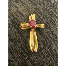 Vintage 10k Gold Ruby Ribbon CROSS Pendant 