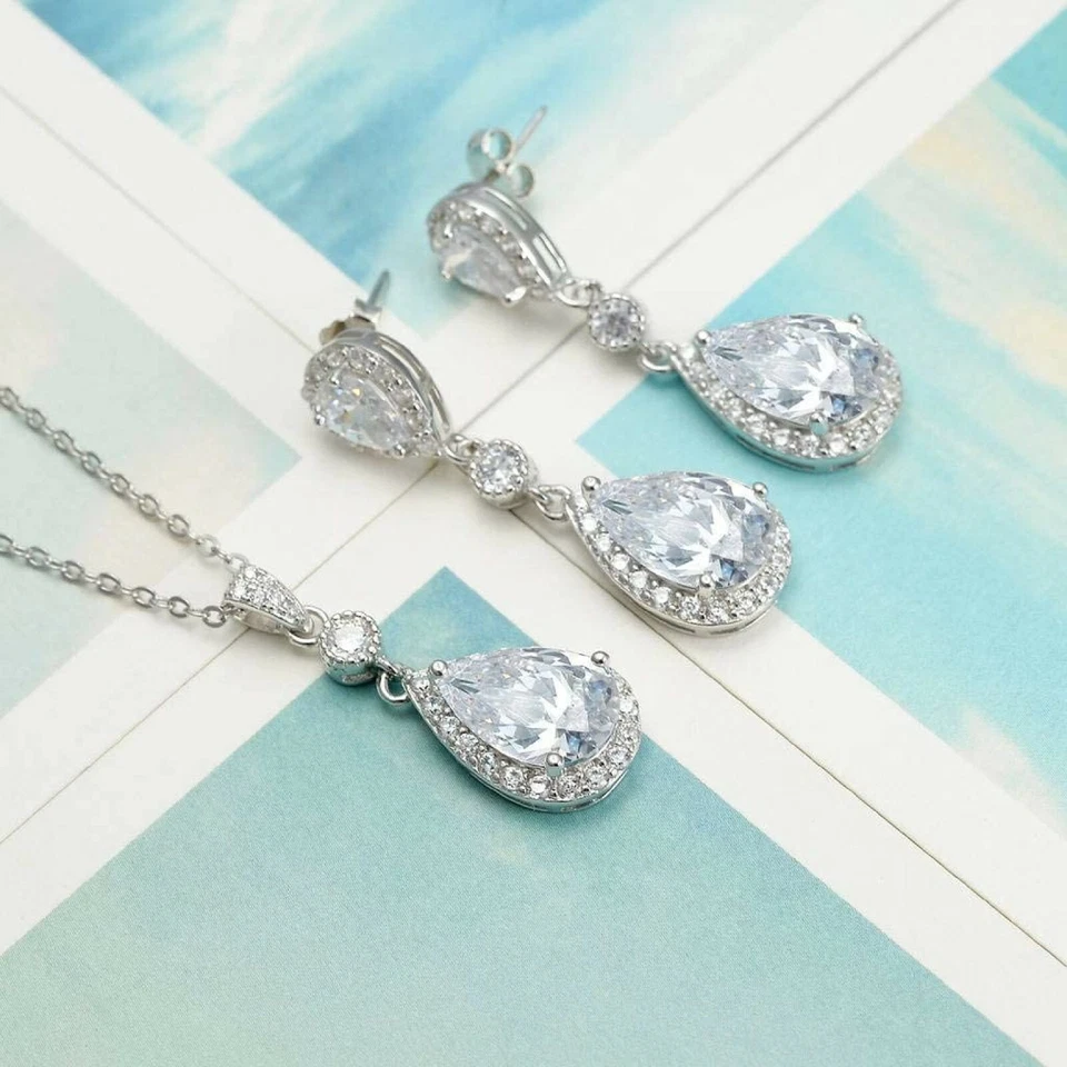 White Gold Finish Clear Created Diamond Pendant Necklace And Dangle Earrings Set - Image 2 of 3