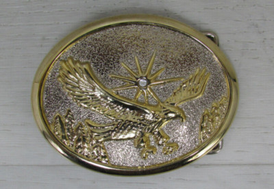 Vintage Belt Buckle Goldtone Flying Eagle with Sunburst/Star & Rhinestone
