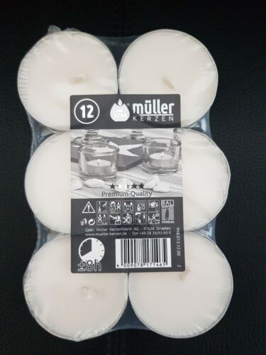♥ Maxi Teelichter weiß Müller 12 Stück Kerze 8 Stunden Brenndauer XXL Jumbo groß - Bild 1 von 8