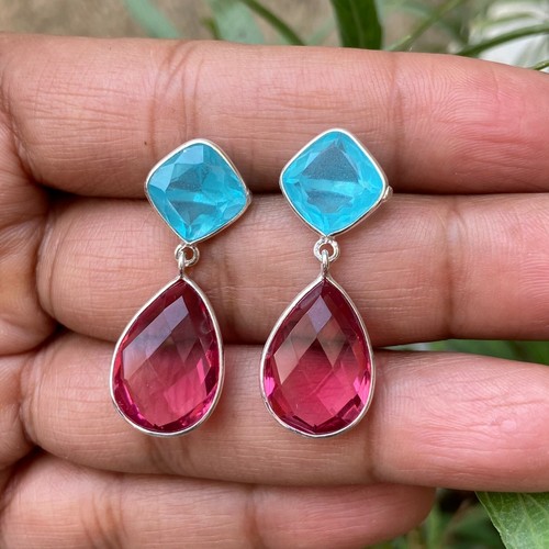 Hermosa Oreja Rosa Turmalina Rosa Topacio Azul Facetado Niña Plata de Ley 925 - Imagen 1 de 7