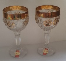 Pair Of Vintage Anna Hutte Crystal Glasses - Gold Rose Champagne Wine Wedding