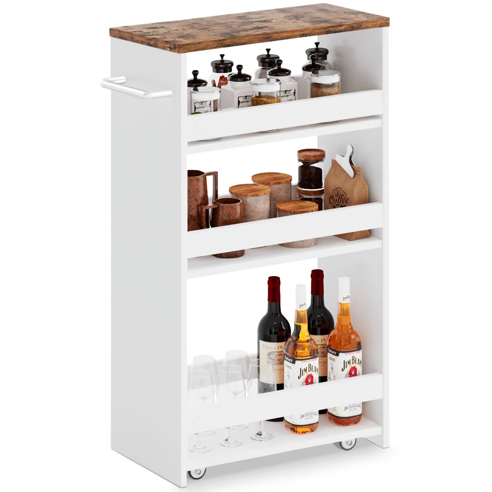 Slim Rolling Storage Cart 7.9" Width, 4-Tier White Kitchen Cart on Wheels Handle