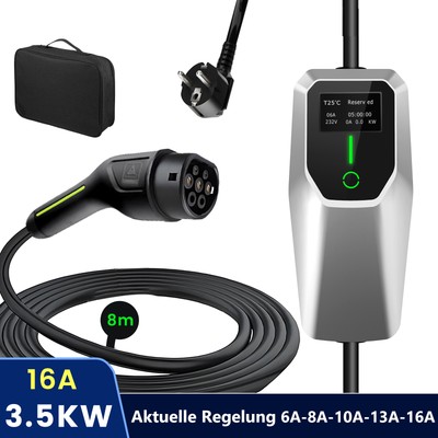 EU Type 2 EV Heim Ladegerät Schuko Einstellbarer Strom EV Ladekabel 8m 3.5kW 16A