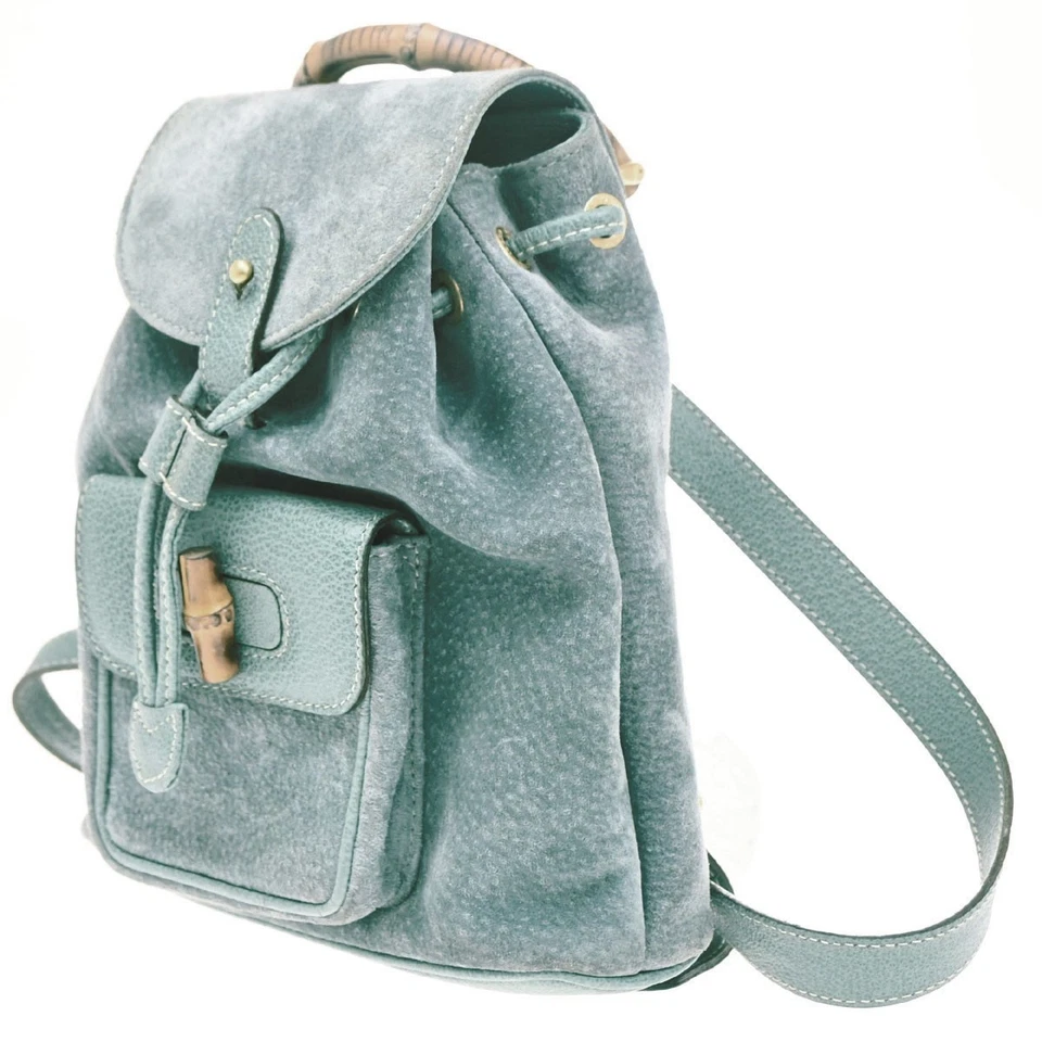 GUCCI Logo Bambú Mochila Bolso Gamuza Cordón Italia Verde 36CA311 Foto 2 de 4