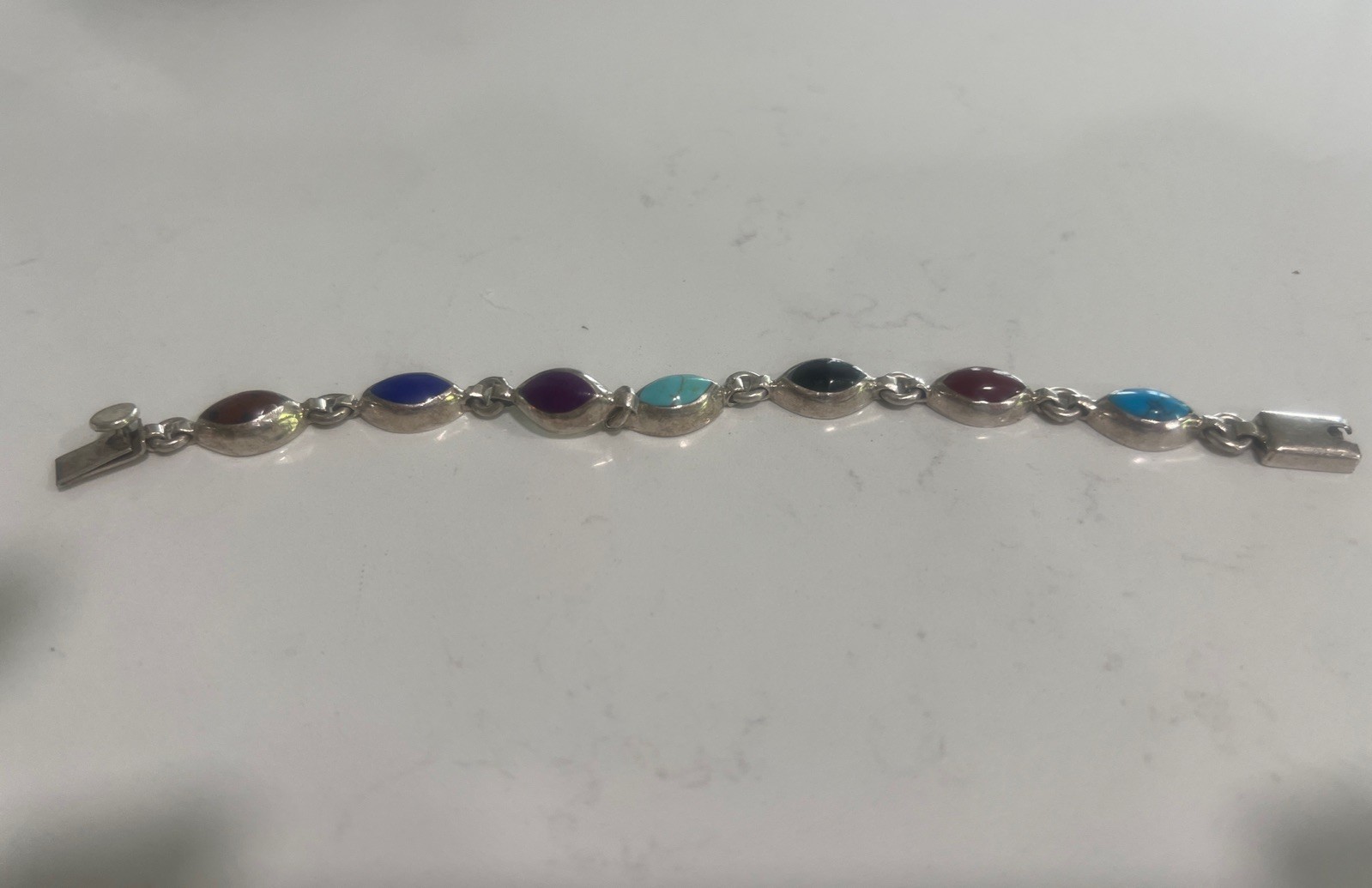 Taxco Mexico 925 Sterling Silver Multi-9 Gemstone Bracelet 7.5” Vintage