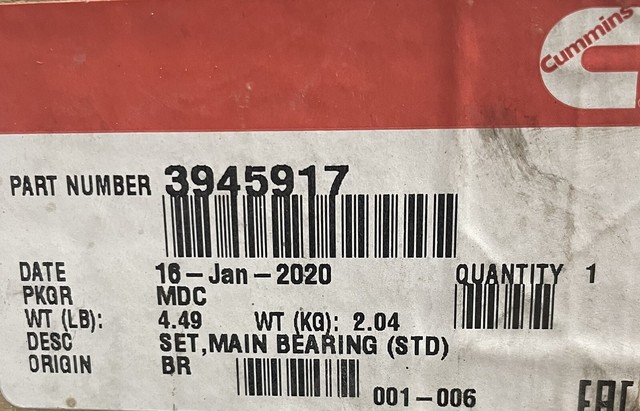 Genuine Cummins 3945917 Complete Main Bearing Set Standard 3800270 for ...