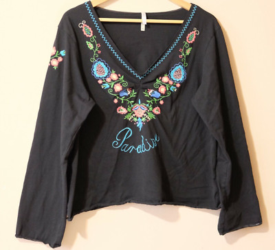 Vintage White Stag Embroidered Floral V-Neck LongSleeve Size XL #p30-118