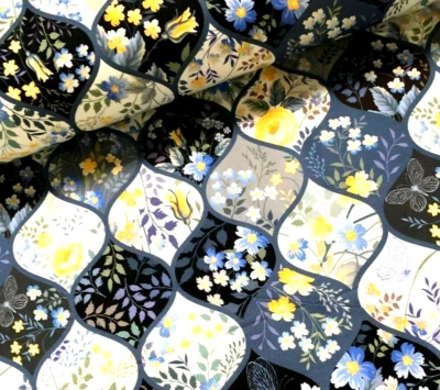 Stoff Meterware Baumwollstoff mit gelben Blumen in ovalen Tropfen Blau Grau