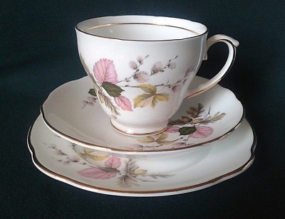 DUCHESS PORZELLAN TEE TRIO BONE CHINA TEETASSE UNTERTASSE & BEILAGENTELLER ROSA & GRÜNE BLÄTTER