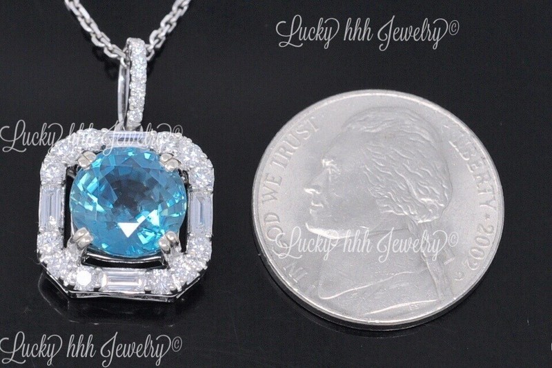 14k  White Gold  Natural Blue Zircon Diamond Pendant 5.81 ct  Baguette diamond