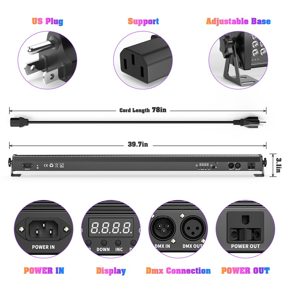 UKing 2x Barres LED Wash 24 LEDs 72W RGB - Effets Lumineux DMX Télécommande Son