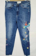 Free People Jeans Size 30 Womens Blue Denim Embroidered Floral Skinny Rooster