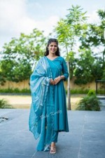 Angrakha Style Silk Kurti Pant Set with Organza Silk Dupatta Indian Ethnic Suit