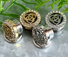 PAIR Gold or Steel Crystal Paved Rim with Rose Top Steel Screw Fit Tunnel Plugs