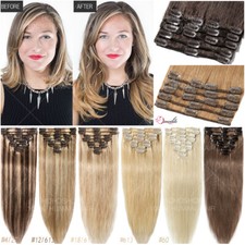 10"-24" Clip In 100 Real Remy Human Hair Extensions Full Head Straight 8 Pieces