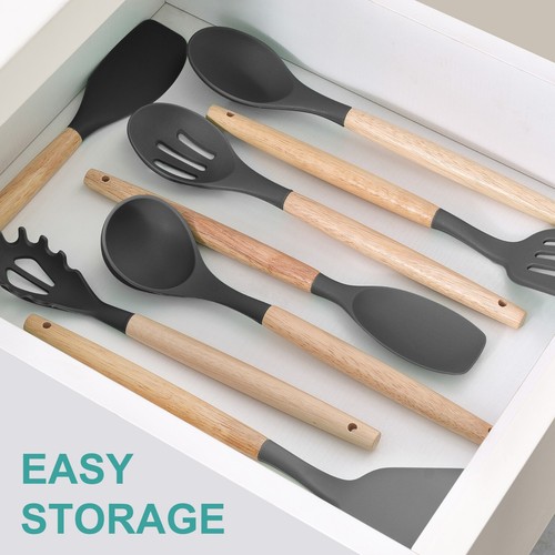 14x Silicone Kitchen Cooking Utensils Set with wooden Holder Pot Gray Pink Green - Picture 6 of 28