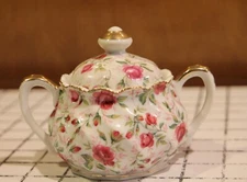 VTG Lefton Sugar Bowl + Lid Rose Chintz Gold Swirled Rib 912R Pretty Floral Pink