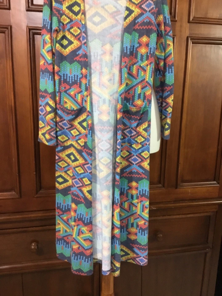Cárdigan Largo LuLaRoe Niñas Sariah Talla 10 Usado en Excelente Condición Divertido Estampado Animal Colores Vibrantes P Foto 4 de 4