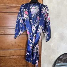 Kimono Robe Womens Sz L Blue Pink White Floral Satin Intimates Sleep Wear